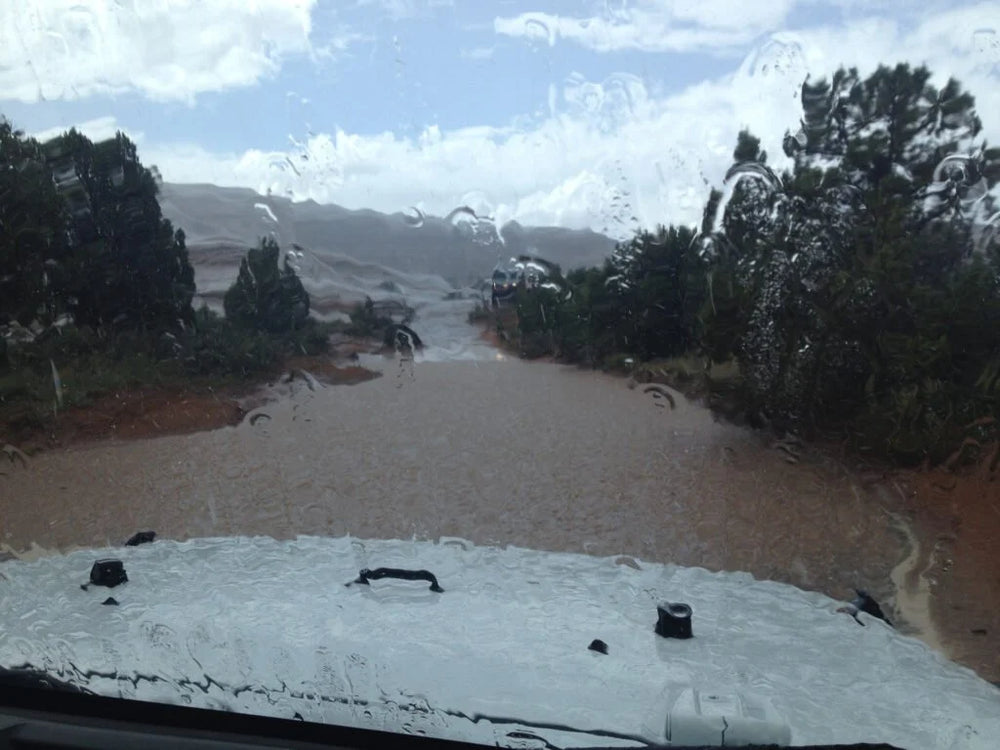 A view from inside a vehicle looking out through a rain-streaked windshield at a muddy, flooded road leading through trees toward distant hills under a cloudy sky.