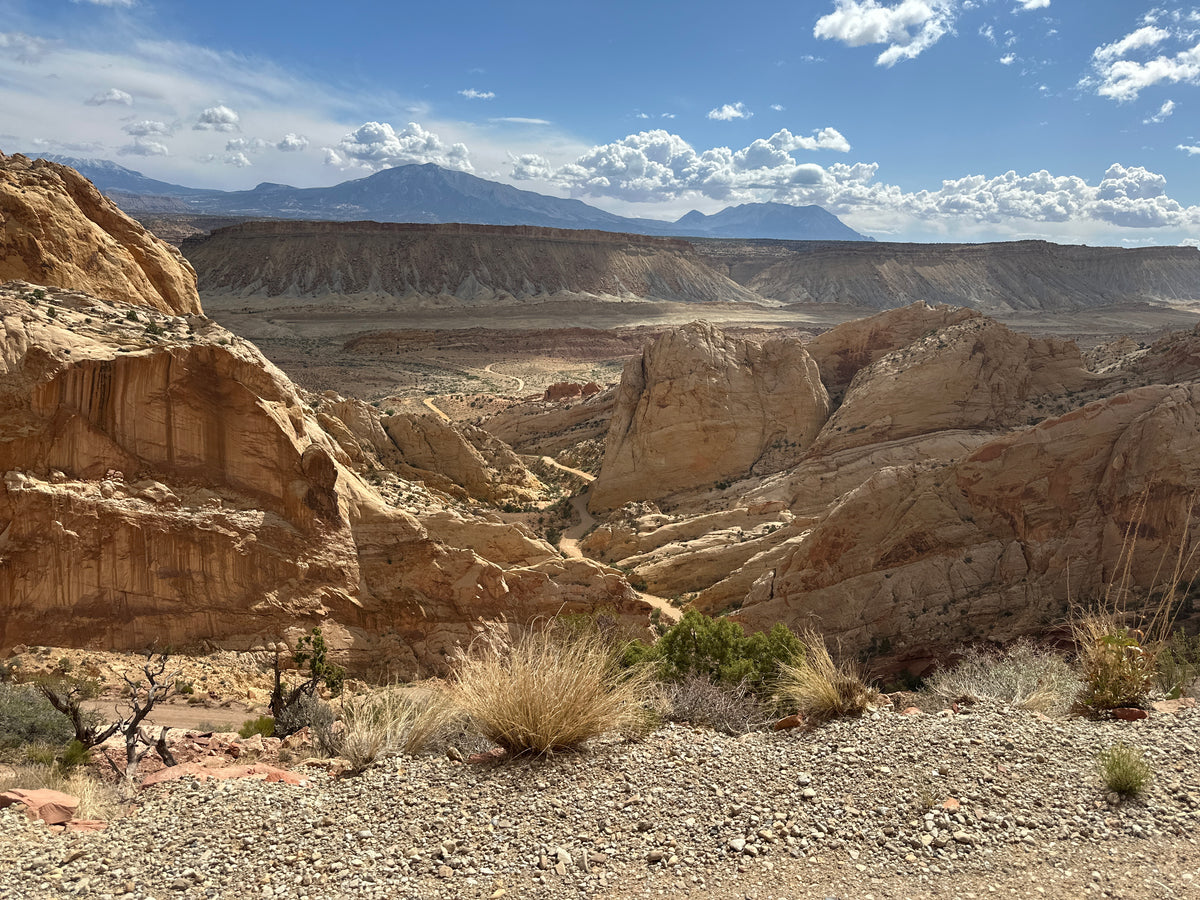 A scenic desert canyon landscape with layered tan and brown rock formations, sparse dry grass, distant mountains, and a blue sky with scattered white clouds.