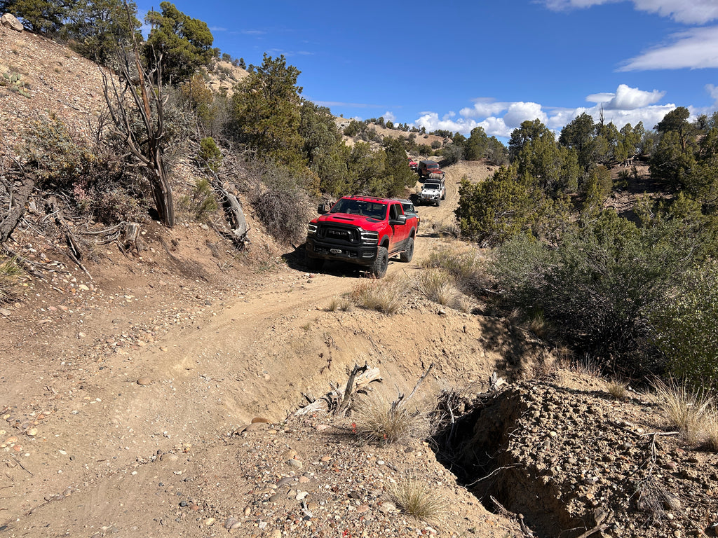 A red truck driving on a dirt trail through a rocky, scrub-covered desert landscape under a blue sky with clouds.